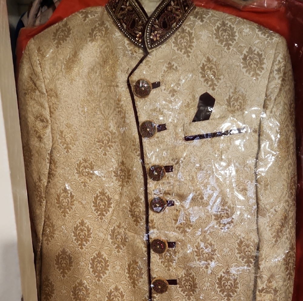 Men's Wedding Elegant Cream And Maroon Brocade Jacket